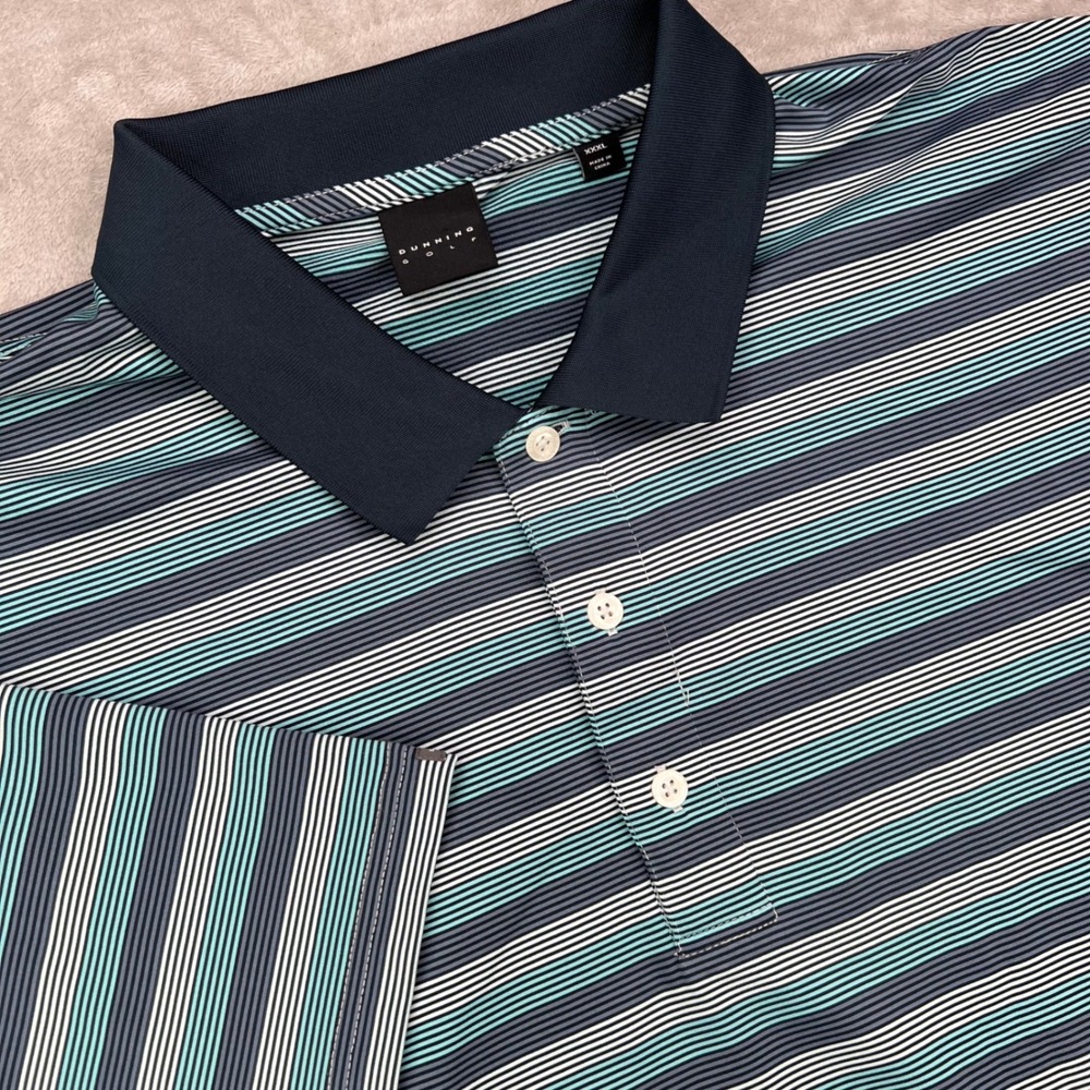 Dunning Polo Golf Shirt Mens 3XL Blue Striped Performance‎ Stretch Preppy
